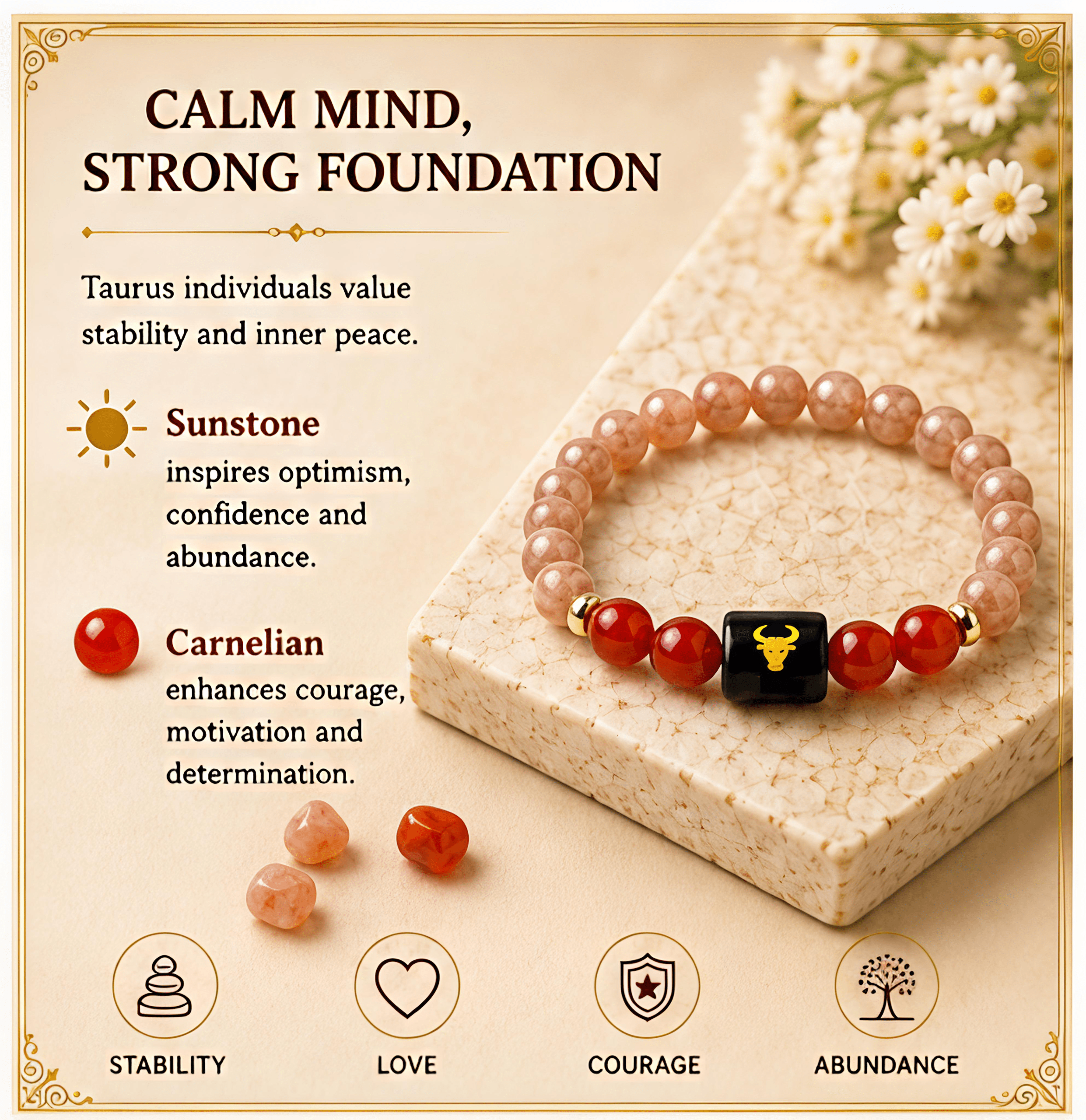 Taurus (वृषभ राशि) Zodiac Sunstone & Carnelian Bracelet - Image 5