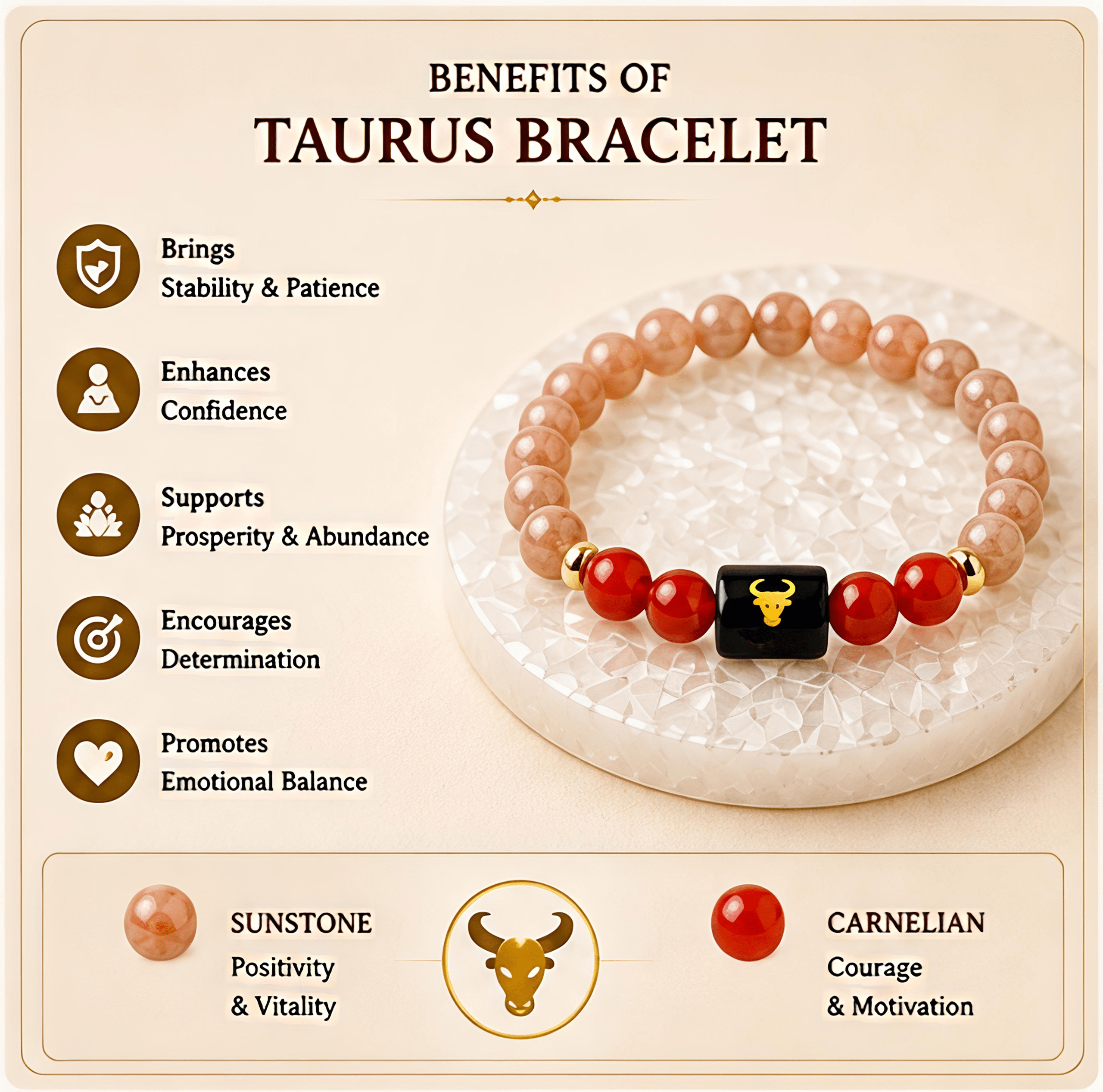 Taurus (वृषभ राशि) Zodiac Sunstone & Carnelian Bracelet - Image 2