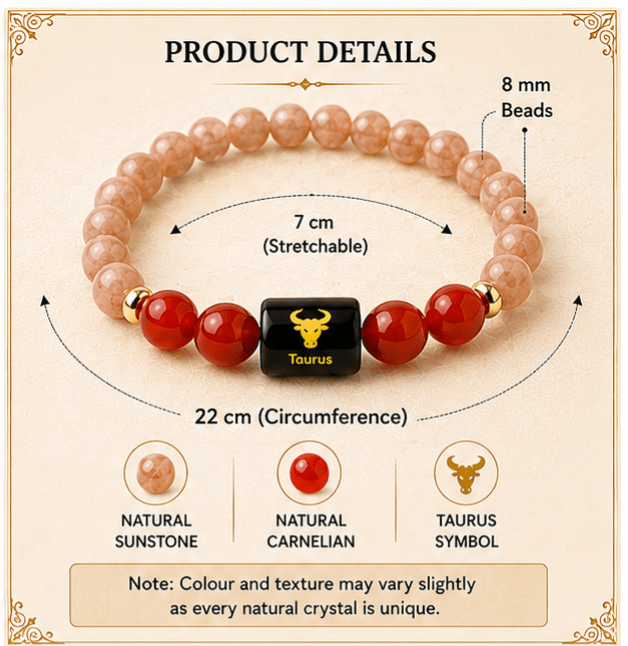 Taurus (वृषभ राशि) Zodiac Sunstone & Carnelian Bracelet - Image 4