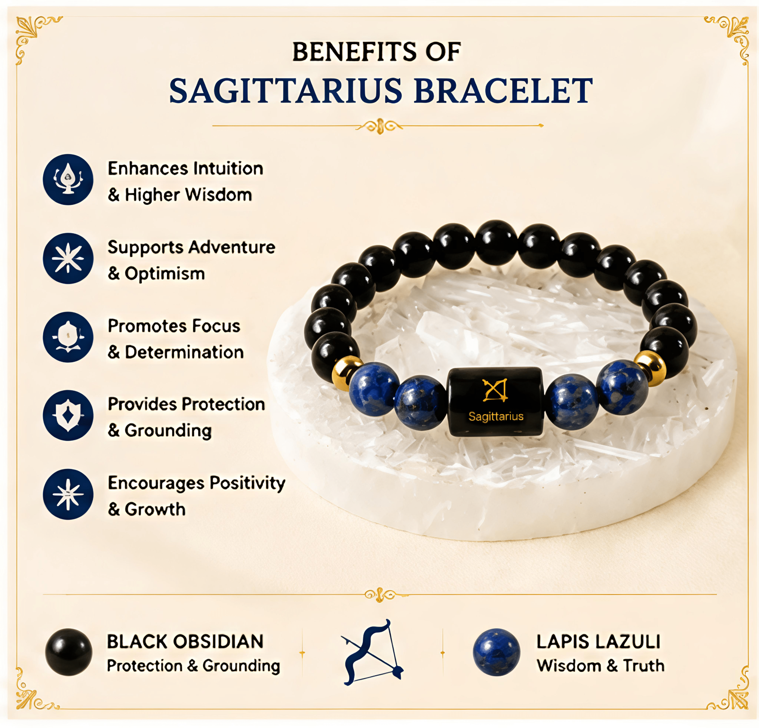 Sagittarius (धनु राशि) Zodiac Black Obsidian & Lapis Lazuli Bracelet - Image 2