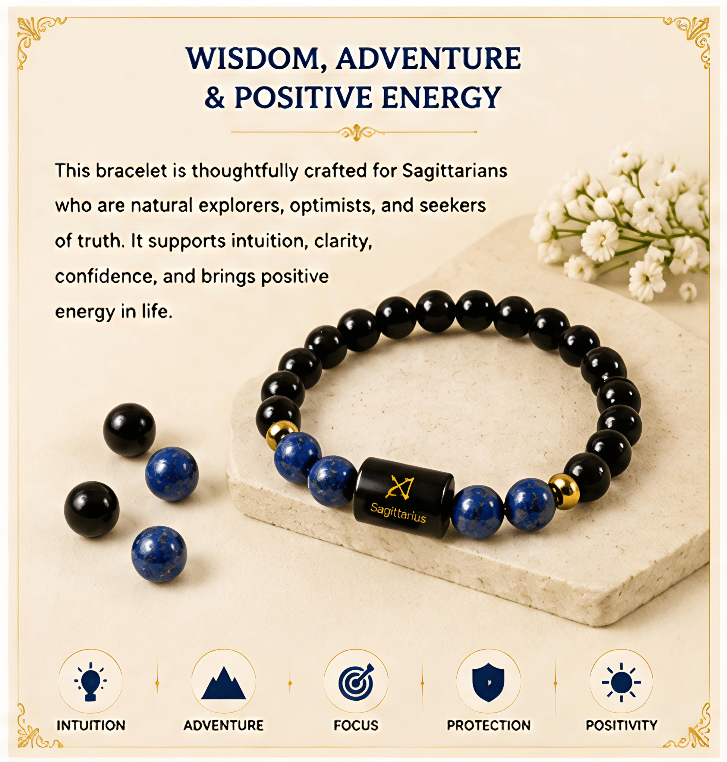 Sagittarius (धनु राशि) Zodiac Black Obsidian & Lapis Lazuli Bracelet - Image 5