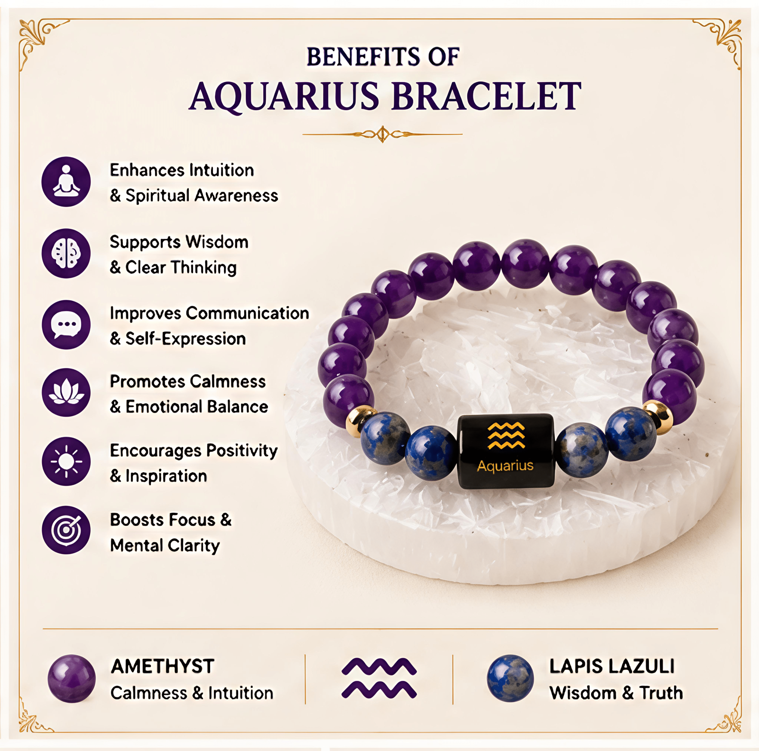 Aquarius (कुंभ राशि) Zodiac Amethyst & Lapis Lazuli Bracelet - Image 2