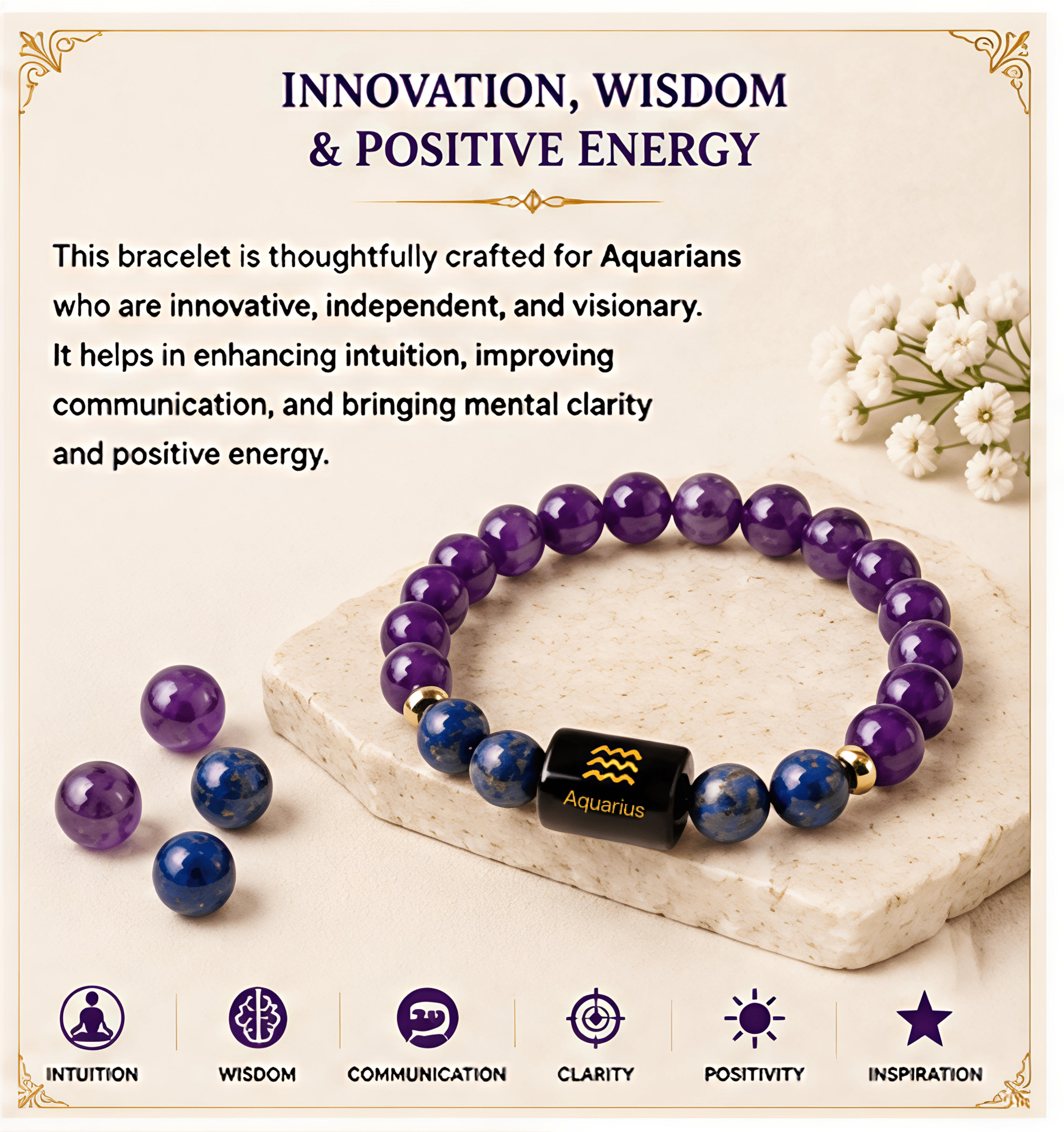 Aquarius (कुंभ राशि) Zodiac Amethyst & Lapis Lazuli Bracelet - Image 5