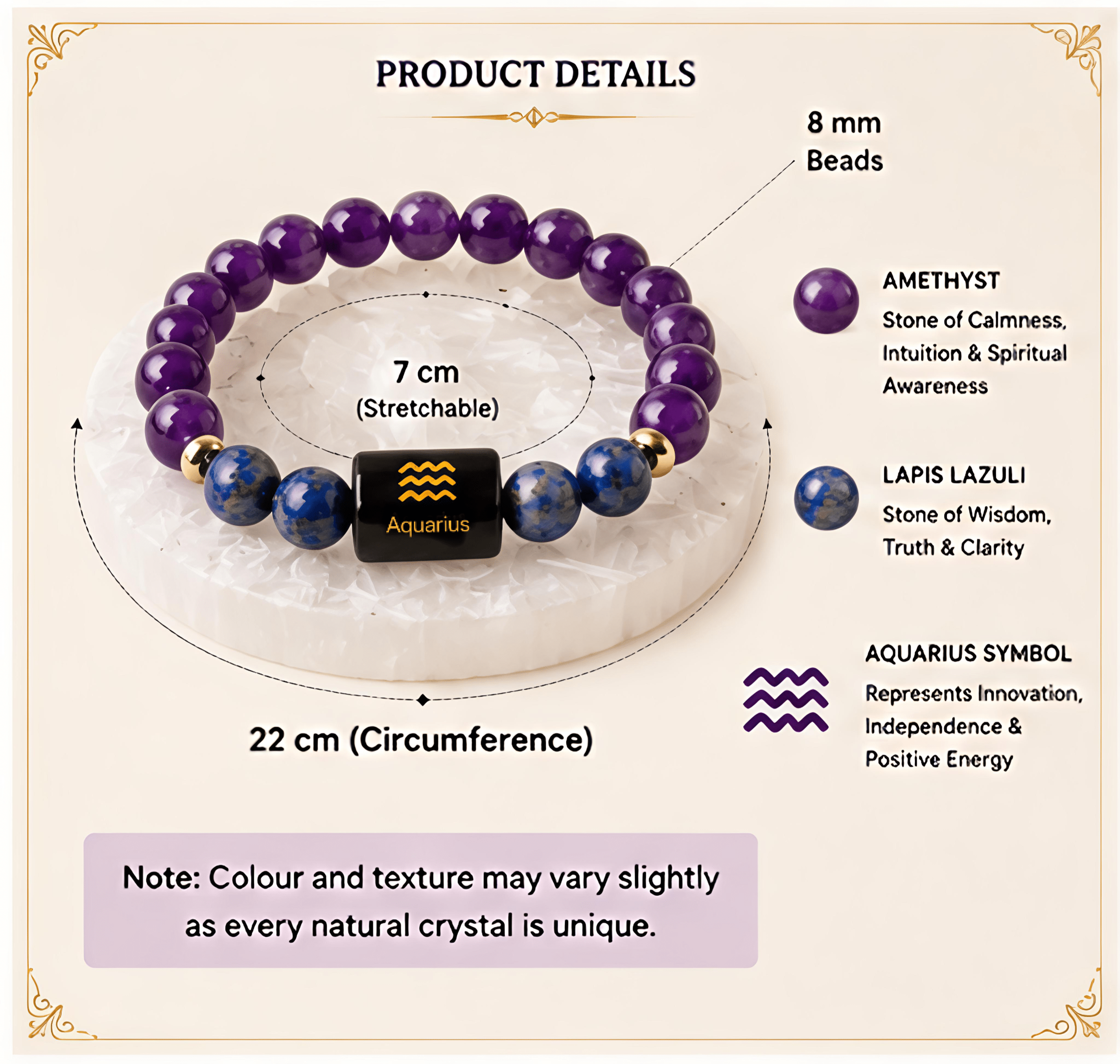 Aquarius (कुंभ राशि) Zodiac Amethyst & Lapis Lazuli Bracelet - Image 4